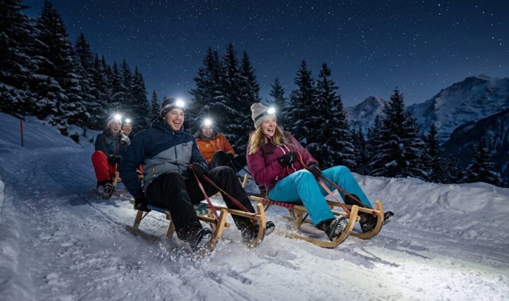 Night sledding Ultimate Interlaken Winter Night Out Frozen Thrills Cheesy Grills snowshoeing Jungfrau snow (1)