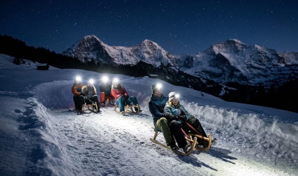Night sledding Ultimate Interlaken Winter Night Out Frozen Thrills Cheesy Grills snowshoeing Jungfrau snow (8)